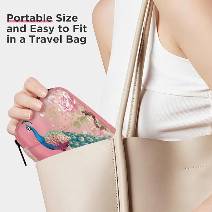 Pink Flower Peacock Pill Case Travel Pill Organizer Weekly 7 Day Portable with Zipper Medicine Box Pill Case for Vitamins, Birth Control,Fish Oils,Medication, Supplements