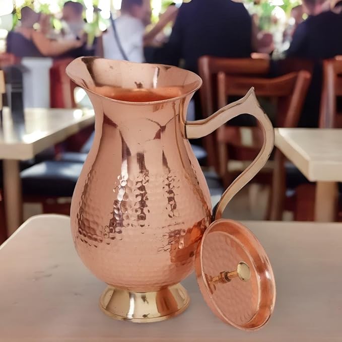100% Pure Copper Pitcher 50.72 oz 1500 ml, Traditional Mughlai Copper Water Jug with Lid & Handle, Copper Drinking Water Pitcher for Daily Use, Ayurvedic Inspired