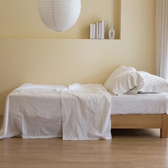 Simple&Opulence Belgian Linen Sheet Set Solid Color - 6 Pieces (1 Flat Sheet & 1 Fitted Sheet & 4 Pillowcases) 16" Deep Pocket Natural Flax Cotton Blended Soft Bedding - White, Queen Size