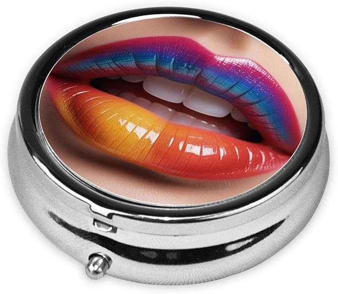 ZhongGuo Colorful Woman Lip Printed Pill Organizer,Round Travel Pill Organizer Mini Medicine Pill Box for Purse Iron Plating