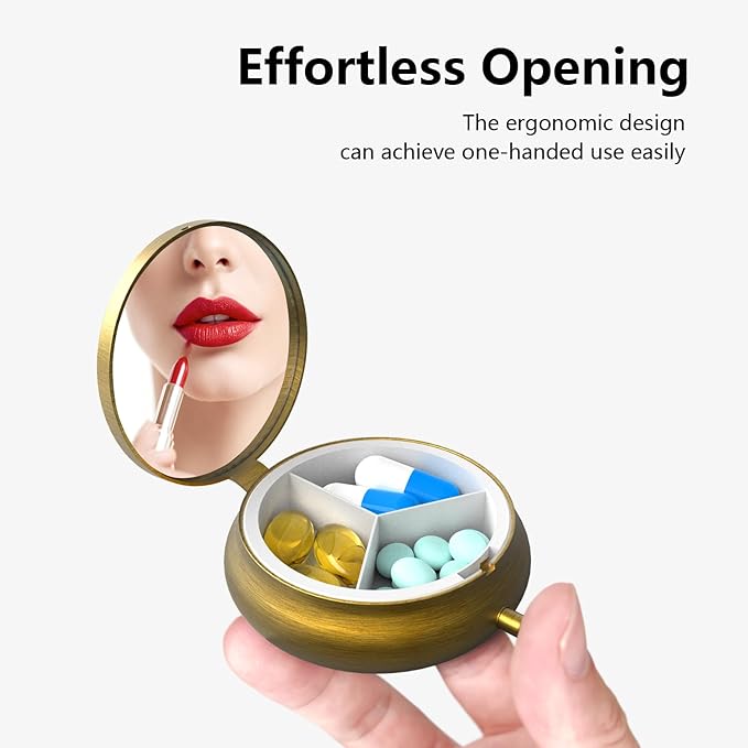 Small Pill Case Pill Box with Mirror Retro 3 Compartment Pill Holder for Purse or Pocket Bronze Portable Medicine Vitamin Container Fish Oil and Supplement Storage BPA-Free(Sunflowers)
