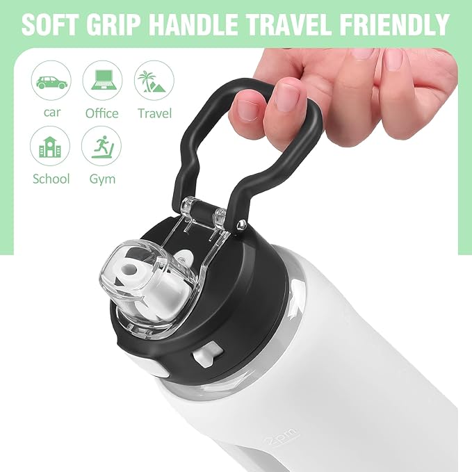 Kodrine 32 oz Glass Water Bottle with Straw and Carry Loop, One-Touch Leakproof Locking Lid, Reusable Drinking Bottle with Time Marker for Travel Home Gym Sports (White)