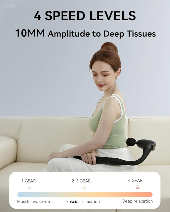 Massage Gun with Extended Handle, Upgraded U-Shaped Back Massager, Reaches Hard-to-Access Muscles, 4 Massage Heads & 4 Speed Levels, Body Massager for Back, Waist, Neck, Shoulder, Leg, Black
