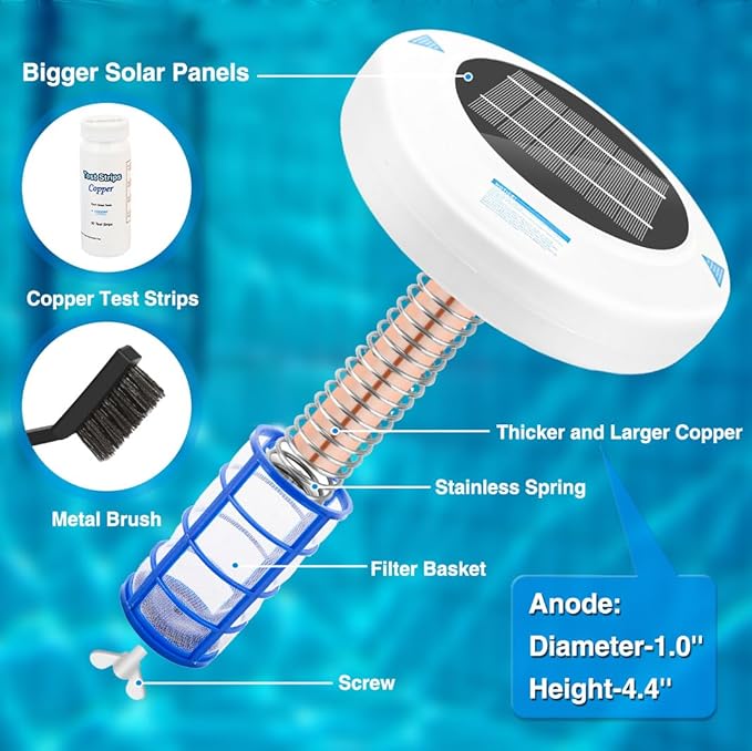 Solar Pool Ionizer – Floating Sun-Powered Water Clarifier with Heavy-Duty Copper Anode & Large Solar Panel, for Pools Up to 45,000 Gallons