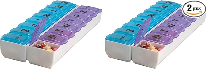 EZY DOSE Weekly (14-Day) Pill Organizer, Vitamin and Medicine Box, Large Snap Compartments, Easy-to-Open, BPA Free, Blue and Purple (Pack of 2)