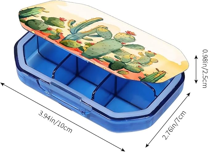 This Portable Cacti in The Desert Pattern 6 Compartment Pill Box Can Be Placed in A Pocket Or Wallet to Store Vitamins, Medicines Health Supplements Other Medications.