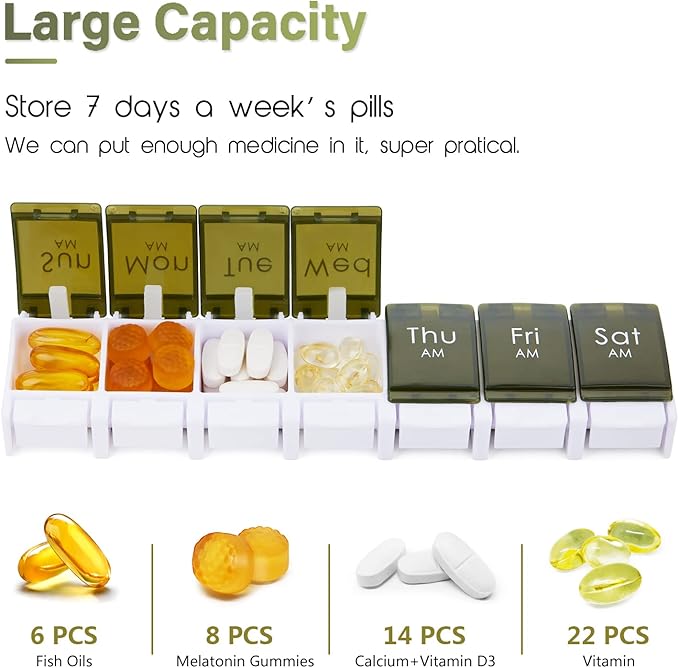2 Week Pill Box, MOLN HYMY 7 Day Pill Organizer 2 Times a Day, Weekly Pill Container to Hold Medication, Vitamins Fish Oils (Green)