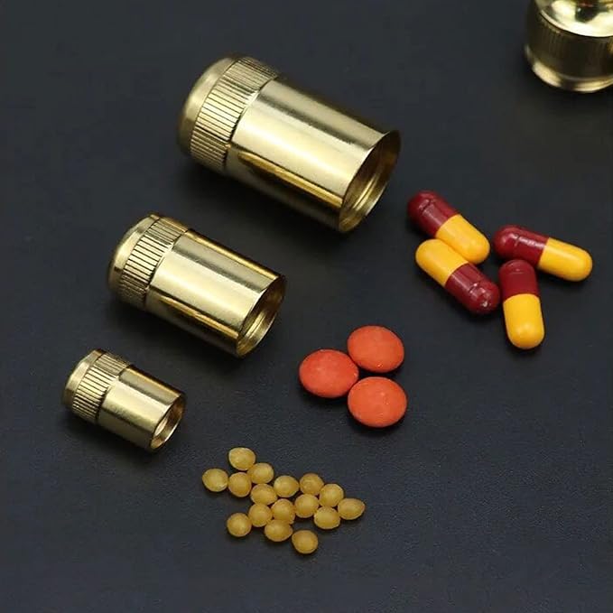 Portable Pill Case Container, Mini Brass Waterproof Keychain Pill Storage Box, Pill Holder Medicine Organizer for Pocket, Purse, Necklace, Outdoor Travel/Camping, S