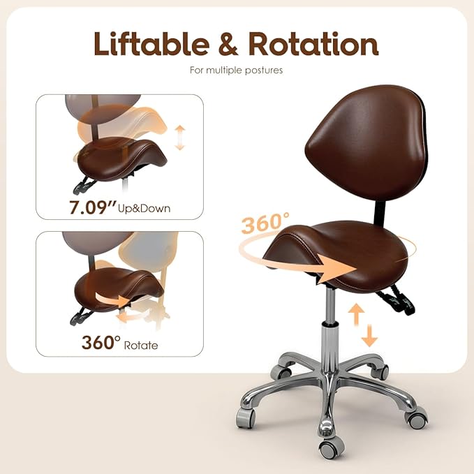 Saddle Stool Rolling Chair for Medical Massage Salon Kitchen Spa Drafting,Adjustable Hydraulic Stool with Wheels (Brown, with Backrest)