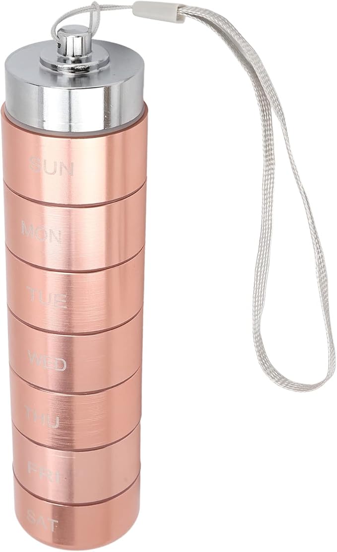 Metal Organizer, Stackable Metal Weekly Travel Organizer, Portable Aluminum Alloy Tablets Box with Lanyard Rose Gold for Vitamin, Fish Oil & Supplement