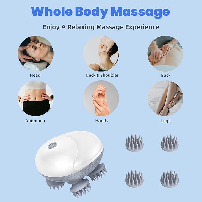 Upgraded Electric Scalp Massager for Men Women, Handheld Cat Dog Pet Head Massager with 4 Massage Heads, 3 Speeds, Waterproof Massager for Soothing Muscles Joints, Hair Growth, Stress Relax