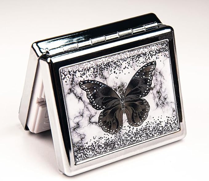 Black Butterfly 7 Days Chromed Shiny Silver Pill Organizer with Mirror Inside Has 8 Separate Compartments Rectangle 7 Days Pill Box Pill Case