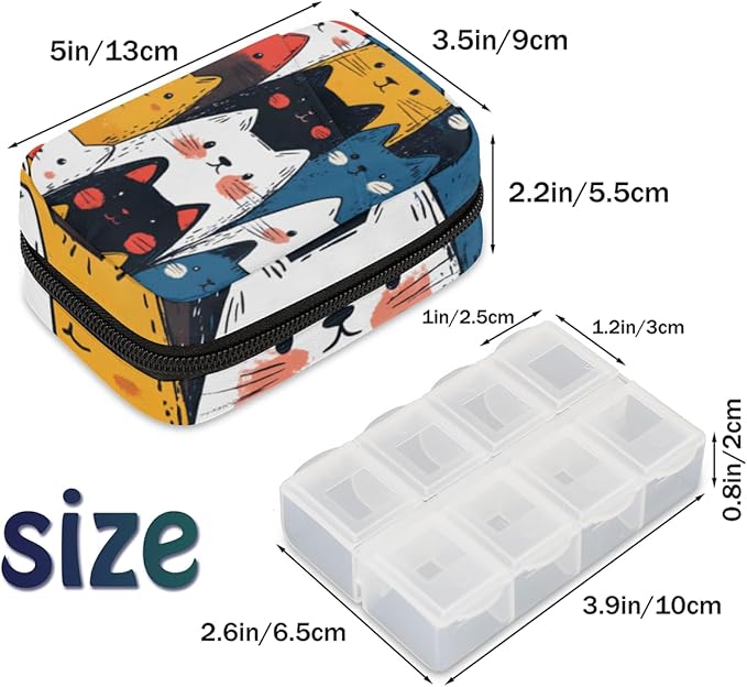Portable Pills Organizer for Purse, Pill Cases Organizers 7 Day Medicine Travel Case, Personal Week Pill Organizer Cute Zipper Medication Bag Containers for Vitamin, Supplement (Cute Cats)