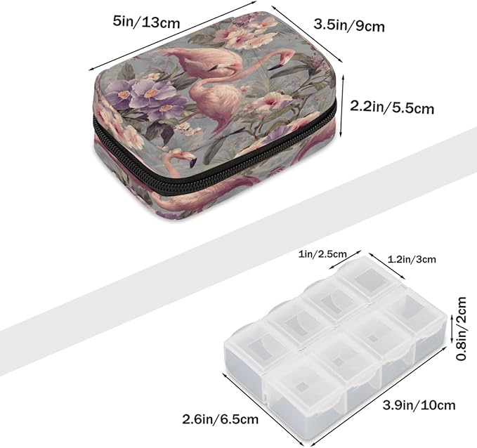 Pink Retro Flamingo Pill Case Travel Pill Organizer Weekly 7 Day Portable with Zipper Medicine Box Pill Case for Vitamins, Birth Control,Fish Oils,Medication, Supplements