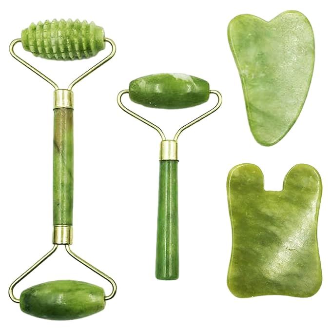4-PCS Gua Sha Set, Skin Care Roller, Jade Roller Set, Face Stone Facial Roller Massage Tool for Face Eyes Neck Body, Smooth Wrinkles & Eye Puffiness(Green)
