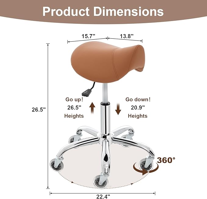 Saddle Stool, Ergonomic Saddle Chair with Wheels 450 LBS, Adjustable Height Swivel Salon Stool, Rolling Stool for Home Office Tattoo Massage Clinic Lab Beauty (Brown)