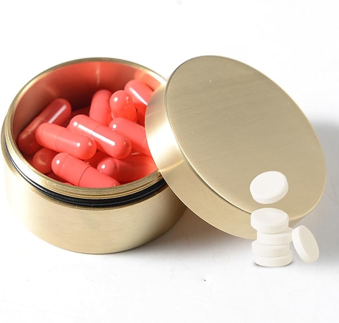 Alvinlite Portable Daily Pill Case, Brass Round Small Pill Box, Waterproof Metal Jewelry Pill Organizer Medicine Vitamin Holder Container with Lid for Outdoor Travel Working(M)