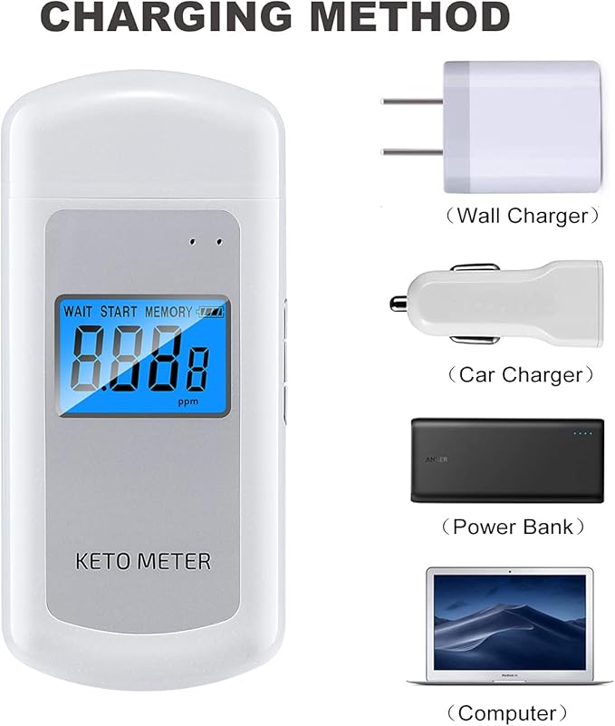 Ketone Breath Analyzer Professional Rechargeablel Ketone Breath Meter Portable Digita Ketone Breath Tester with 10 Replaceable Mouthpieces for Ketogenic Diet Testing with 10 Mouthpieces
