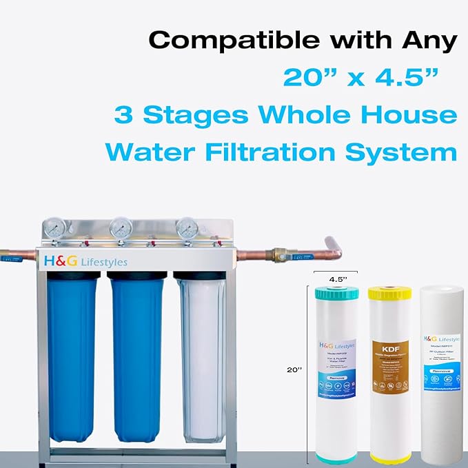 H&G Lifestyles 4.5" x 20" 3 Stage Whole House Water Filter Replacement set with Iron & Manganese Reducing Cartridges, GAC KDF, PP Cutton Cartridges,Compatible with DGD-5005-20, WGB32BM,EP20-BB,FP25B