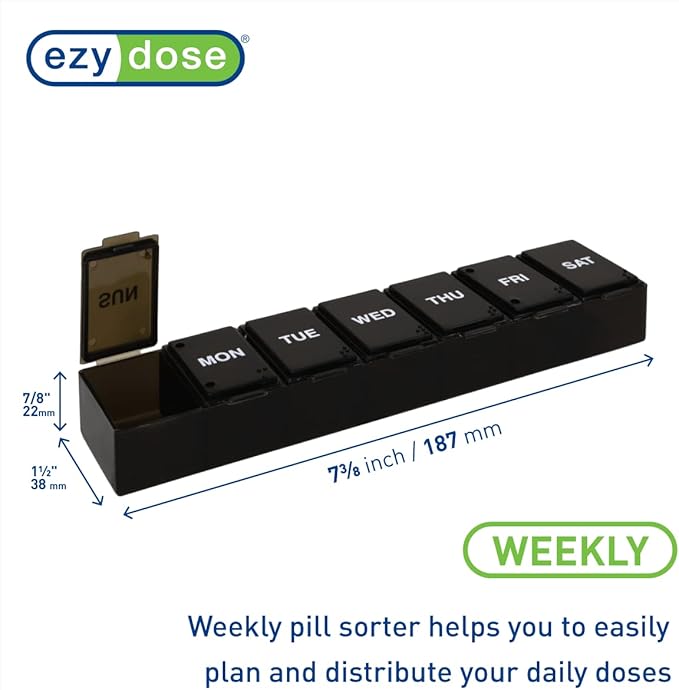EZY DOSE Weekly 7-Day Pill Organizer, X-Large Vitamin and Medicine Box, Spacious Compartments for Pills and Supplements, Durable Black Design, Easy-Open Lids, Perfect for Home and Travel Use