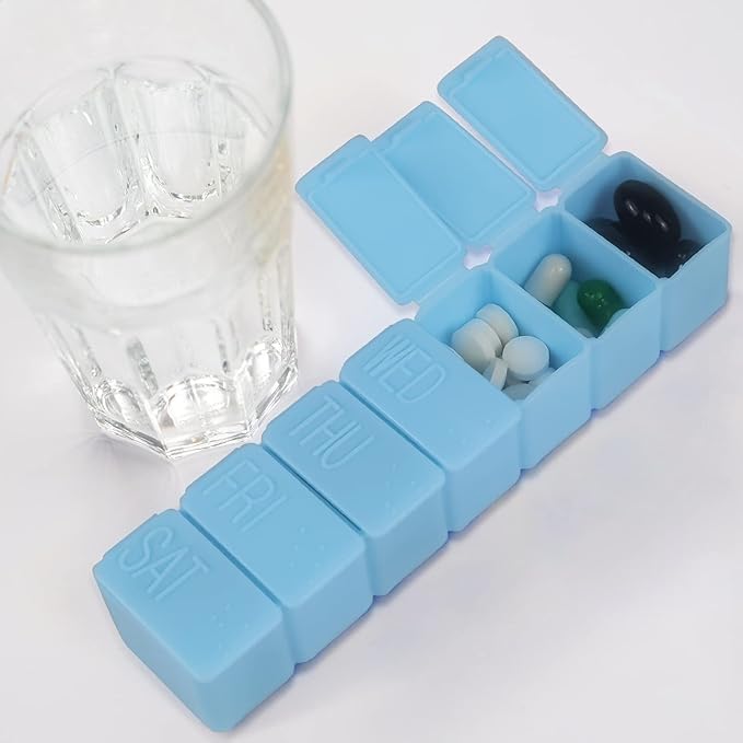 Weekly Small Pill Organizer, 7 Day Pill Case, Daily Vitamin Case Medicine Box, Pill Containers for Medicine Supplements Fish Oil(2Pcs,Blue)