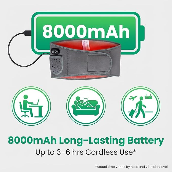 Wireless Heating Waist Belt with 8000mAh Battery, 3 Vibration Modes & 3 Heat Levels, Cordless Back Massager with Extension Strap for Lower Back, Cramps, Lumbar Support, Office & Travel Use