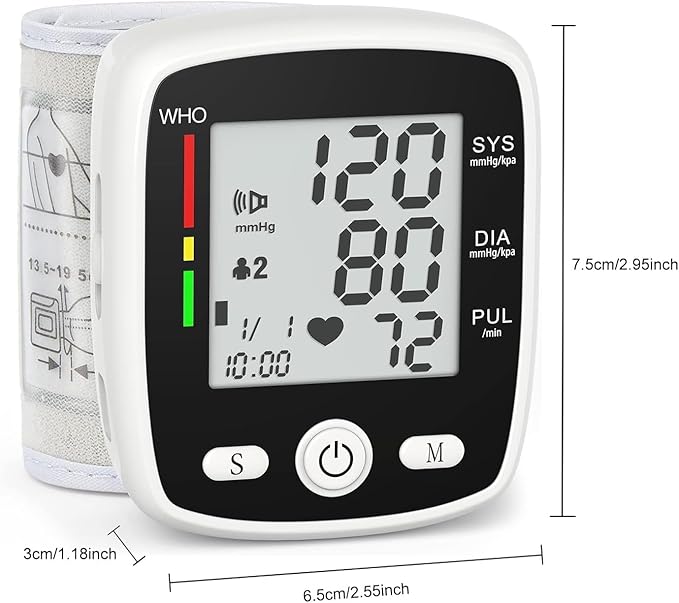 Blood Pressure Monitor Digital Wrist BP Machine Automatic BP Cuff (5.3 to 7.7 in) with 2 Users 180 Memory Voice Large LCD Display Adjustable Cuff USB Charging Carrying Case, Black