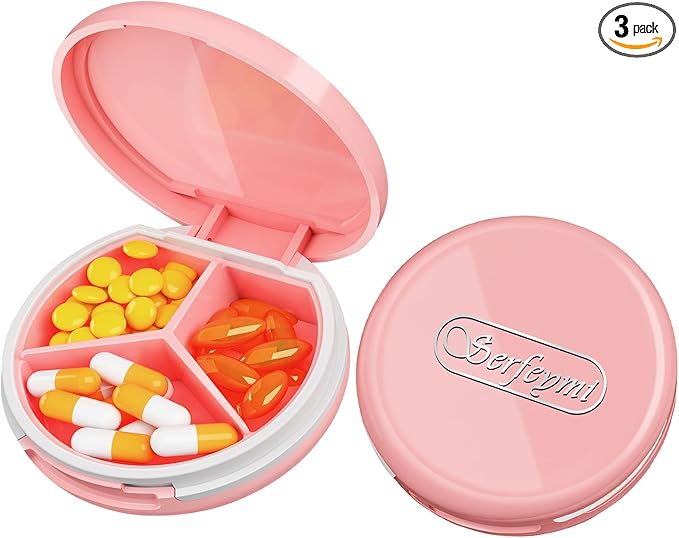 Serfeymi Small Pill Case for Purse, Unique Artistic Patterns Travel Pill Box with 4 Compartments, Portable Mini Pill Organizer for Pocket, Decorative Pill Container for Purse - Pink(Logo)