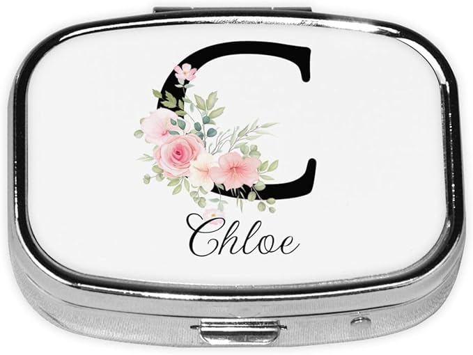 Custom Pill Box Personalized Square Small Pill Case with Mirror Add Your Photo Text Logo Name Decorative 2 Compartment Portable Metal Medicine Container Vitamin Organizer for Pocket Purse Travel (C)