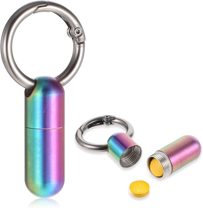 Small Pill Case Keychain Tiny Portable Carabiner Clip Pill Holder Bottle Micro Waterproof Metal Pill Container Mini Emergency Medicine Organizer for Outdoor Camping Travel Purse (Colorful)