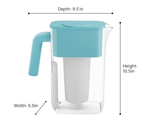 Culligan with ZeroWater Technology 10-Cup Water Filter Pitcher – Includes 5-Stage Advanced Water Filter, IAPMO Certified to Reduce Lead, Total PFAS, Mercury, Fluoride, and Chlorine - Aqua