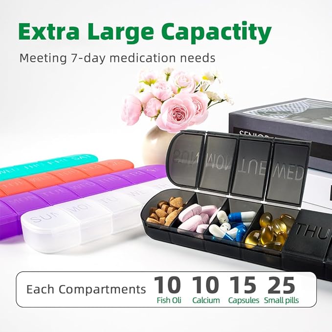 2 PCS Weekly Pill Organiser 1 Times a Day, Arthritis Friendly Travel Pill Case, BPA-Free Pill Box 7 Day, Large Compartments to Hold Vitamins Supplements Medicine (Purple)