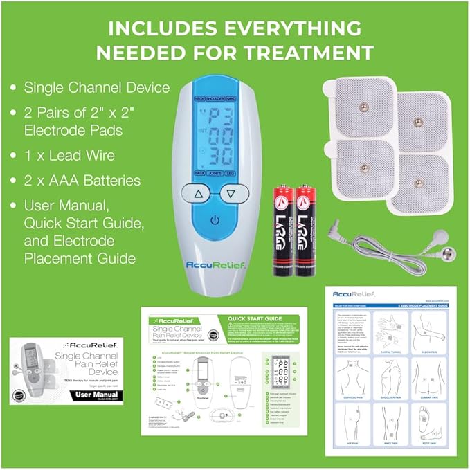AccuRelief TENS Unit Muscle Stimulater Pain Relief System - Electric Muscle Stimulator with Electrodes for Neck, Back, and Full Body, White and Blue