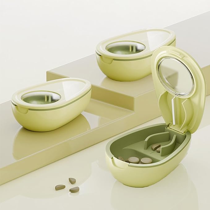 Avocado-Shaped Pill Cutter, Splitter for Small & Large Pills, 2-Compartment, Green, 1 Count