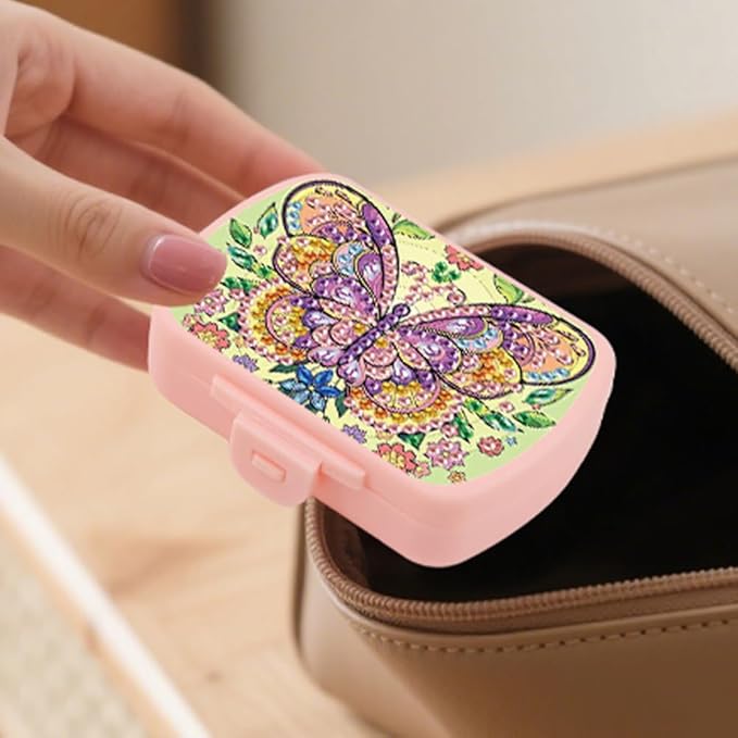 C'eitura 2pcs DIY Flower & Butterfly Diamond Art Painting Pink Pill Organizer with 6 Lid Detachable Compartments, Fun DIY Craft Project for Adults, Elegant Pill Case for Purse & Travel