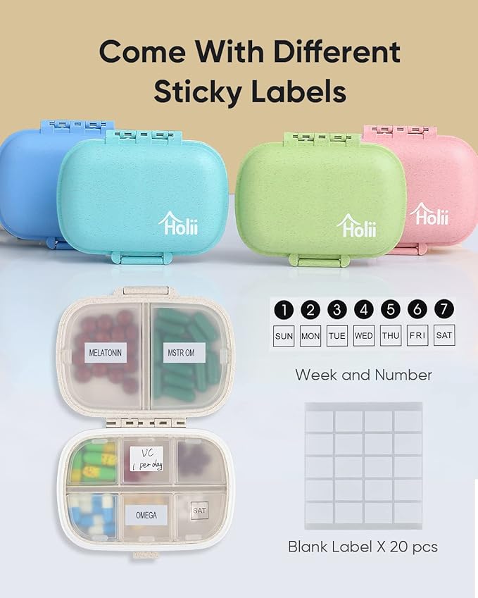 Holii 4PS 8 Compartments Travel Pill Organizer, Pocket Pharmacy for Purse Daily Pill Box Portable Medicine Organizer Vitamin Holder Container （Multi-Colored）