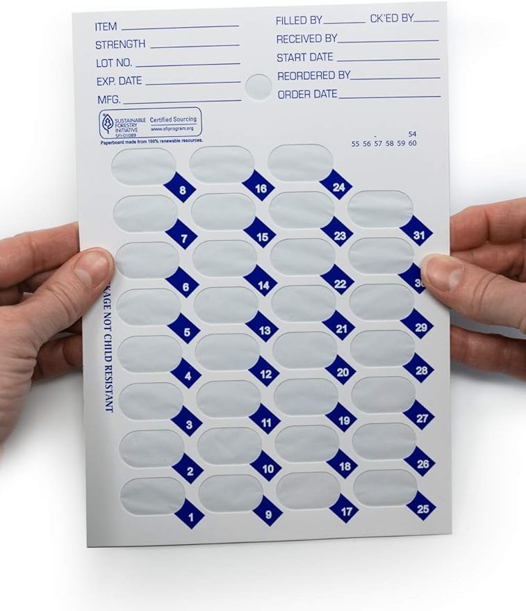 100 Pack Monthly or Weekly Cold Seal Medication Blister Pack System Cards - One Piece Unit Dose Book Fold, Easy No Extra Equipment Needed, Just Fill and Seal, (31 Day Monthly - 100 Pack)