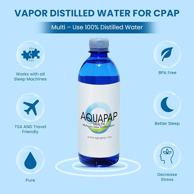 AQUAPAP 16.9 Ounce 6 Pack Vapor Distilled CPAP Water | 2-3 Nights per Bottle | for Resmed Machines