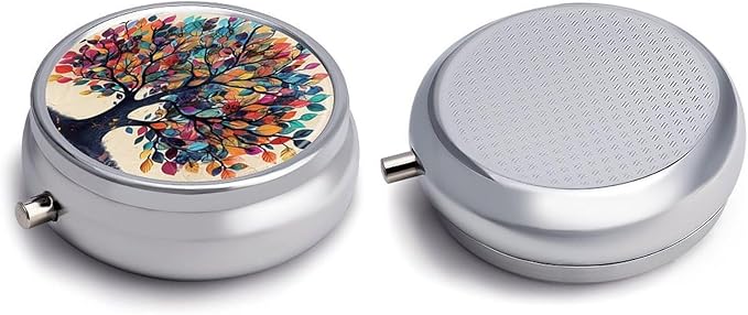 Pill Box-3 Compartment Small Pill Case, Portable Round Pill Box for Pocket or Purse, Decorative Metal Medicine Vitamin Organizer. (Tree)