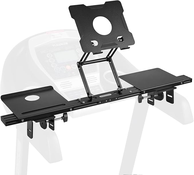 INMAKER Treadmill Desk Attachment, Universal Treadmill Laptop Holder Adjustble Height Width, Aluminum Laptop Stand for Treadmill with Tray Black