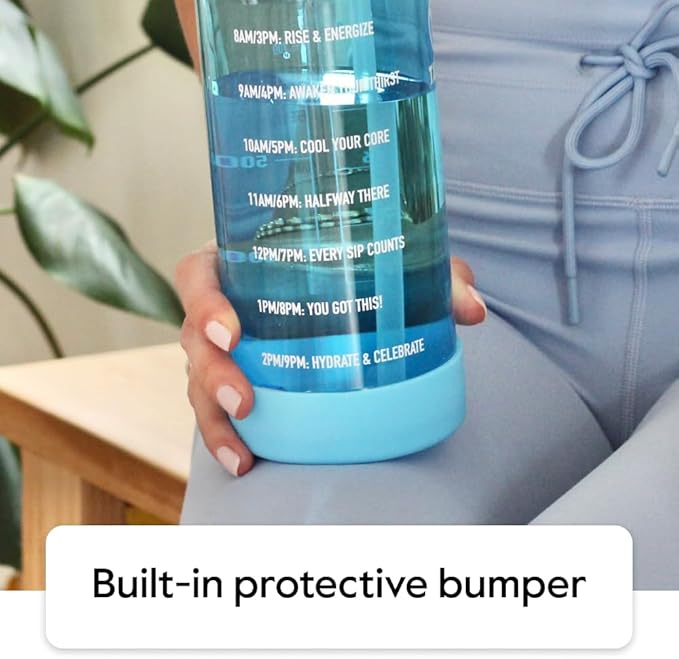 Takeya Tritan 32 oz Motivational Water Bottle with Straw Lid - Durable, BPA-Free - With Time Marker - Leakproof & Non-Slip Bumper - Breezy Blue