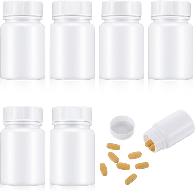 6Pcs Pill Bottle White 50ml Empty Clear Plastic Pill Bottles Medicine Bottles with Screw Caps Empty Reagent Bottle Containers for Pills, Vitamins, Liquid Solid