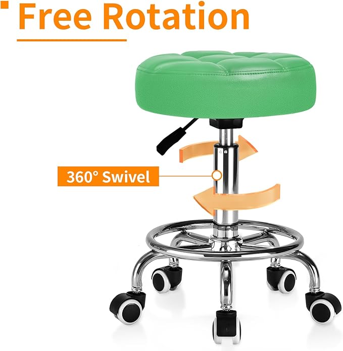 Rolling Stool PU Leather Round - Ultra Soft Padded Seat Cushion Stool with Wheels with Footrest, Weight Capacity 300lb,Adjustable Height Stool for Tattoo Massage Salon Medical Spa Center (Green)