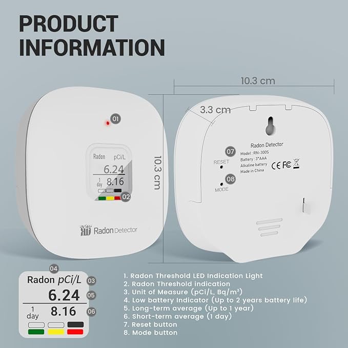RadonSense Hello Radon S,E-Ink Display Radon Detector for Home,Alpha Spectrometer Sensor&2 Years Battery,Wall Mounted&Free Standing,PCi/L & Bq/m³ Units Switchable