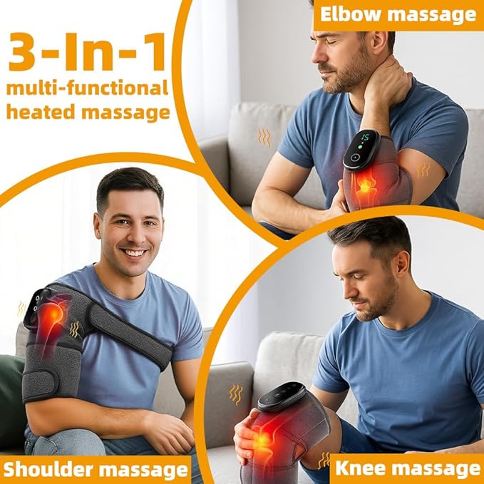 3-in-1 Cordless Knee Shoulder Massager with Heat and Vibration. Adjustable Brace for Shoulders, Elbows, Knees. Gifts for Dad Mom Men Women.(GRAY-3IN1)