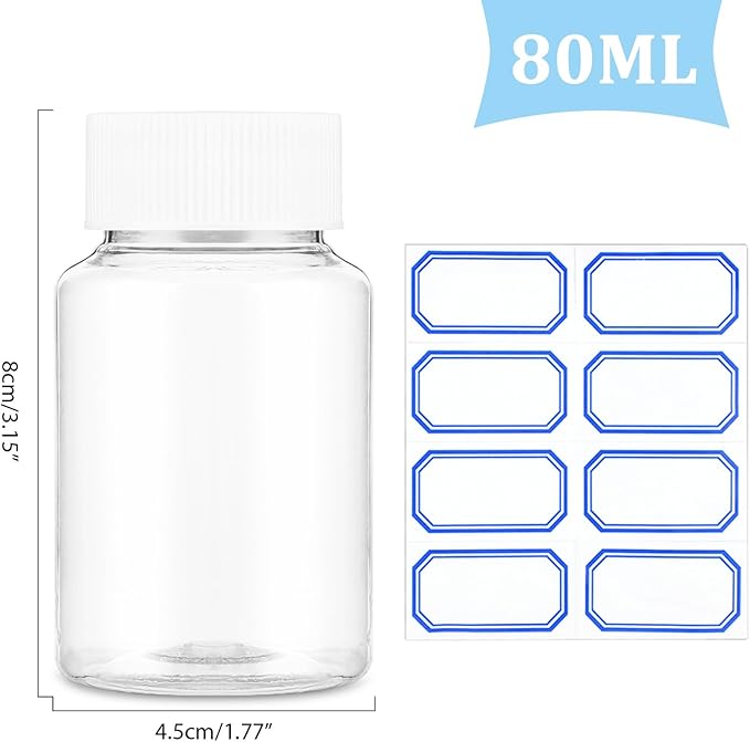 Clear Pill Bottle 6Pcs Empty Medicine Organizers Plastic Pill Bottles Transparent Reagent Containers 80ml Large Jar Powder Storage Leak Proof Caps for Liquid Solid Powder Home Toiletries
