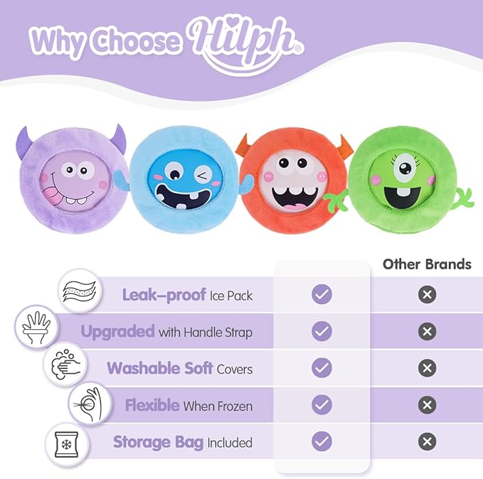 Hilph Kids Ice Packs for Boo Boos, Reusable Toddler Cold Packs with Soft Sleeves for Kids Injuries Cute Baby Ice Packs Hot Cold Therapy for Children's Pain Relief, Bump, Bruise, First Aid, 4 Pack