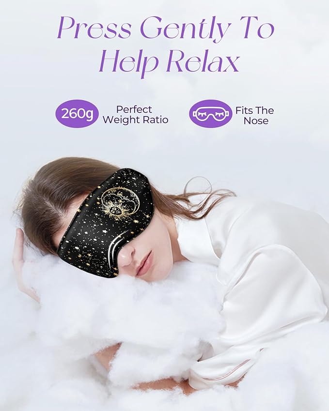 Silk Weighted Eye Mask - Microwave Eye Mask Heat and Cold Warm Compress for Sleeping Dry Eyes Pillow Soft Smooth Lavender Mulberry Silk Sleep Mask for Women Wife Mom - Black Sun Moon