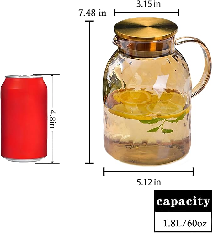64 oz Amber Glass Pitcher with Lid and Spout Borosilicate Water Pitcher Bedside Water Carafe Vintage Glass Jug for Juice Coffee Iced Tea Hot Cold Beverage Lemonade Fridge 1.8L