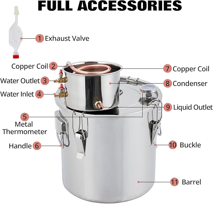 GarveeHome Alcohol Still 3 gal 12 L Water Alcohol Distiller Spirits Kit w/Copper Tube & Display Thermometer, Home Brew Wine Making Kit for Diy Whiskey, Wine, Brandy, Essential Oil
